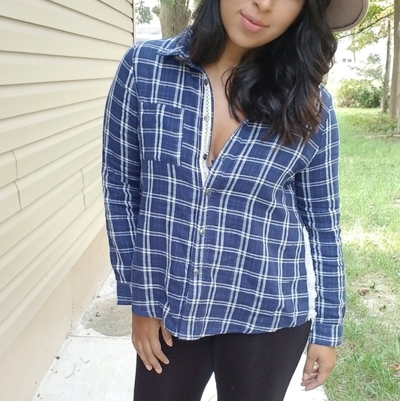 PRETTY IN PLAID BLUE CREAM SHIRT TOP - Picture 7 of 15